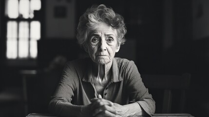 A black and white photo of a woman sitting at a table