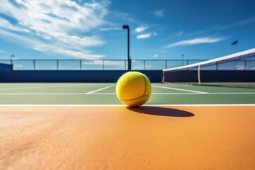 : Close-up of a tennis ball on a clay court with a net in the background on a sunny day - obrazy, fototapety, plakaty