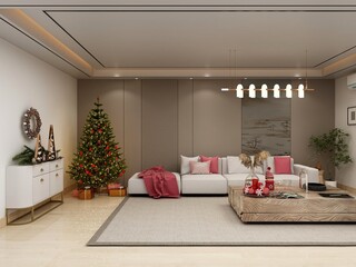 modern living room decorated for Christmas