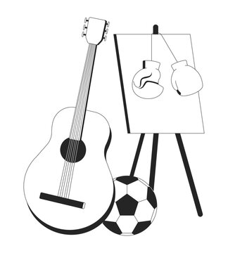 Different hobbies leisure activities black and white 2D line cartoon object. Guitar, easel, boxing gloves, soccerball isolated vector outline item. Recreation monochromatic flat spot illustration