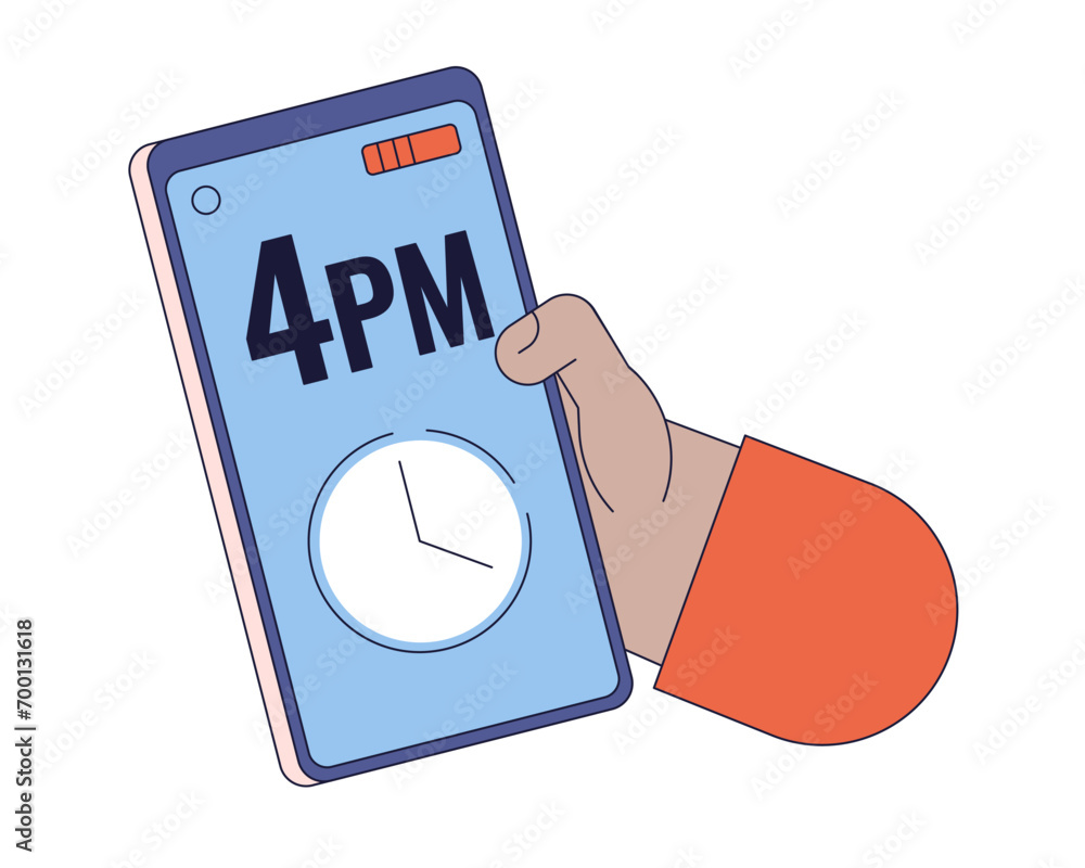 Poster checking time on smartphone linear cartoon character hand illustration. alarm clock on mobile phone 