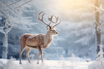 Christmas Rudolph reindeer in winter forest. Generative AI 