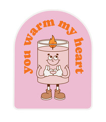 The hand-drawn candle retro character with a phrase. Vector illustration in trendy retro cartoon style. Love, Valentine's Day.