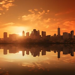Sunset over the city with reflection in the lake. 3d rendering