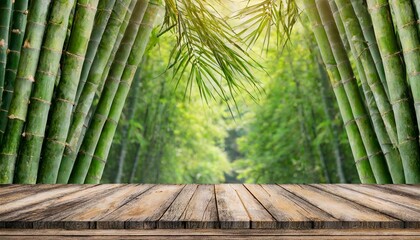 bamboo forest in the morning with wood table product placement mock up generative ai