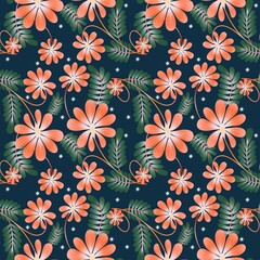 Abstract seamless pattern with blooming flowers and leaves.natural illustration with  flowers background.