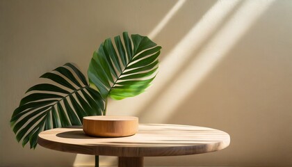 Generative AI Palm Leaf Design on Wood Podium