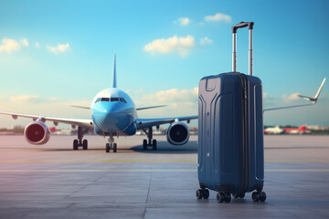 A suitcase at the airport with a blue and white plane. Generative AI