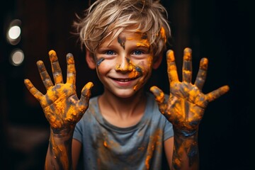 portrait of a child shows hand dirty and with painted face - Powered by Adobe