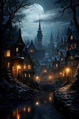 Fototapeta na wymiar Halloween night scene with haunted castle and moonlight. 3d rendering
