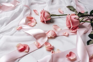Blank paper card between pink roses and silk ribbons on marble top view, wedding mockup. Generative AI