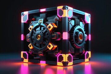 A mysterious metal box with neon lights, horizontal composition