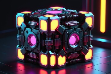 Fototapeta na wymiar A mysterious metal box with neon lights, horizontal composition