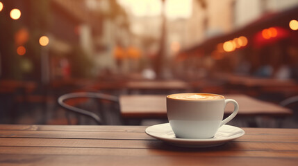 Cup of coffee on blur background outside. Cup of coffee on table in cafe.