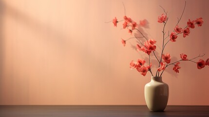Vase with flowers on table. Red flowers in vase on table