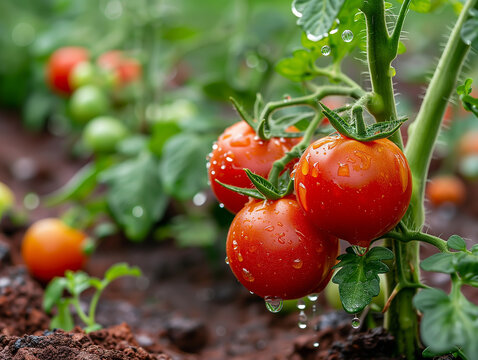 Close up of tomato bush growing out of the soil, nature wallpaper