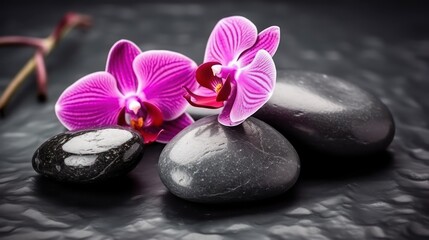 Beautiful pink orchid flowers on spa stones