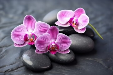 Fototapeta na wymiar Beautiful pink orchid flowers on spa stones