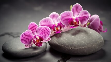 Obraz na płótnie Canvas Beautiful pink orchid flowers on spa stones
