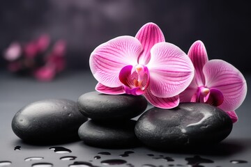 Naklejka na ściany i meble Beautiful pink orchid flowers on spa stones