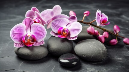 Obraz na płótnie Canvas Beautiful pink orchid flowers on spa stones