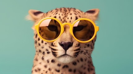 close up portrait of a cheetah tiger wearing glasse  - obrazy, fototapety, plakaty