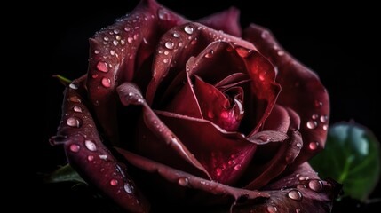 Macro view of dark red rose with water droplets