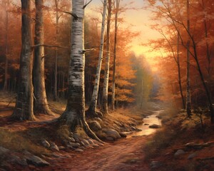 Digital painting of a pathway in the autumn forest with trees in the background