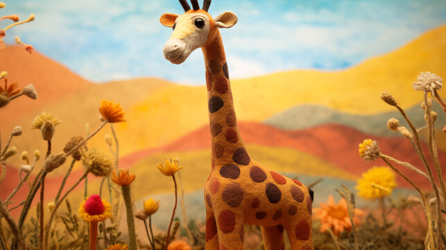 Girafa feita de feltro na planice - Ilustração fofa