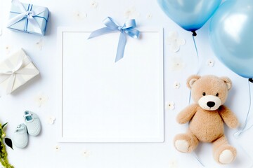 A festive setup with balloons, a teddy bear, and gifts, ideal for a baby shower and boy birthday. - obrazy, fototapety, plakaty