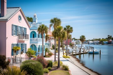 Panoramic view of the waterfront homes in St. Augustine, Florida. - obrazy, fototapety, plakaty