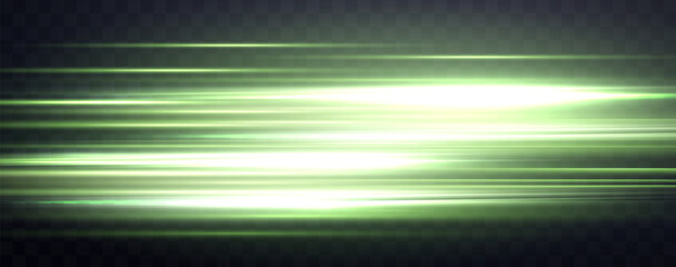 Speed rays, velocity light neon flow, zoom in motion effect, green glow speed lines, colorful light trails, stripes. Abstract background, vector illustration. - obrazy, fototapety, plakaty