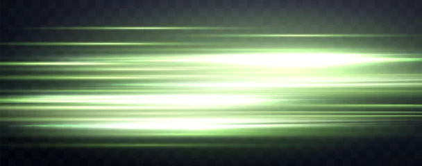Tuinposter Speed rays, velocity light neon flow, zoom in motion effect, green glow speed lines, colorful light trails, stripes. Abstract background, vector illustration. © Elena