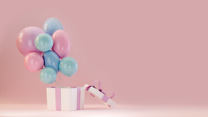 Open gifts box present with balloons. 3d render