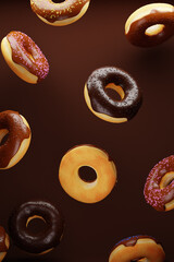 Flying multicolored doughnuts with sprinkles on brown background. 3d render