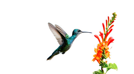 Obraz premium Hummingbird in flight and orange flower on white