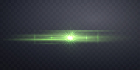 Green lens flare. Isolated on transparent background. Sun flash with rays or spotlight. Green glow flare light effect. Vector illustration.