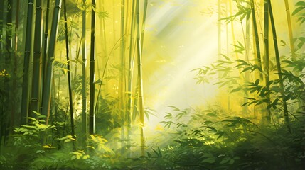 Panoramic view of a beautiful green forest with sunbeams