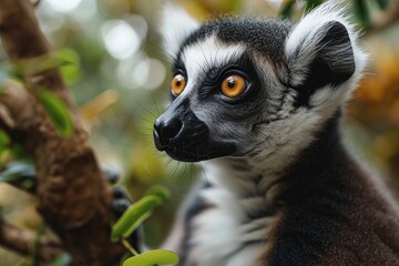A cute lemur in a Madagascar jungle, playful and curious eyes, generated with AI