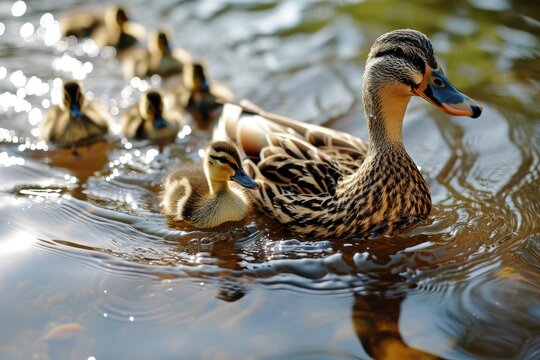 A mother duck leading her ducklings across a pond, generated with AI
