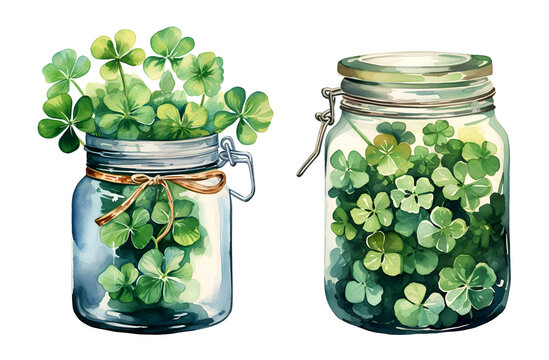 Jar of clover, Patrick's day, watercolor clipart illustration with isolated background.