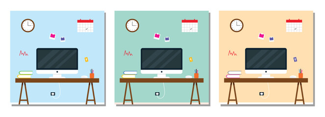 Modern office workplace interior. Desk with laptop, stationery, books, calendar, clock. Business workplace Vector illustration in flat style. Job workplace.  - obrazy, fototapety, plakaty