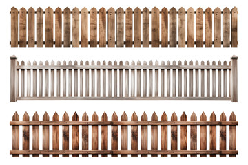 Set of wooden fences on a transparent background, front view. Fencing in the style of an old village. Long strips of wooden fences isolated. High quality photo