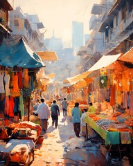 Digital painting of a street market in Kathmandu, Nepal.