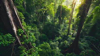 Fotobehang Earth Day eco concept with tropical forest background, natural forestation preservation scene with canopy tree in the wild, concept on sustainability and environmental renewable © john