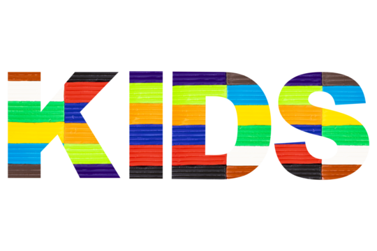 Multicolored kids plasticine, the word kids written in plasticine letters. Transparent background. PNG