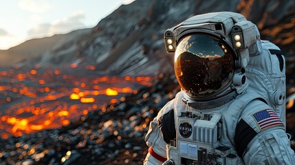 Astronaut with helmet on a distant hot planet, science-fiction scene in space, generated with AI - obrazy, fototapety, plakaty