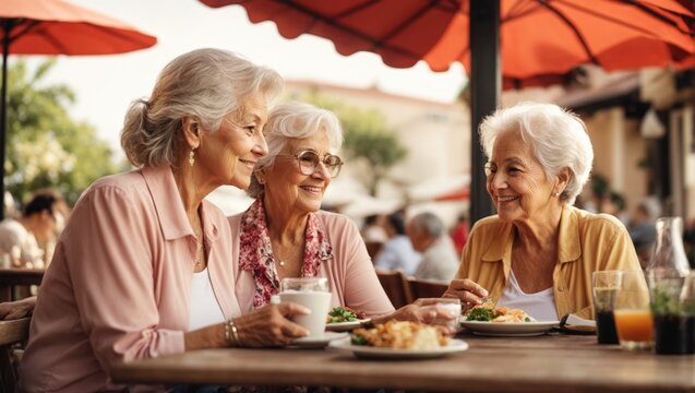 Group of senior women having lunch in a restaurant. They are talking and smiling