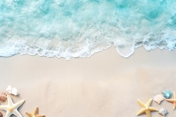 Serene beach scene with turquoise waves and scattered seashells on sand - obrazy, fototapety, plakaty