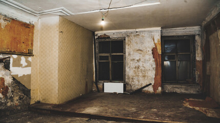 Living room old interior of an abandoned communal apartment, dirty rotten peeling walls. Background...